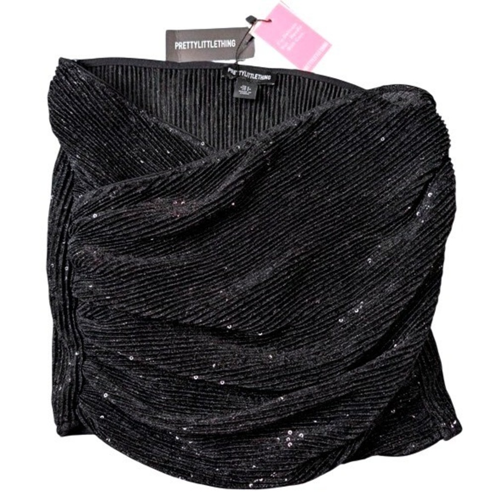 PrettyLittleThing~Black Sequin~Cross Over Mini Skirt~Plissé Sparkly~Sz US 2~NWT